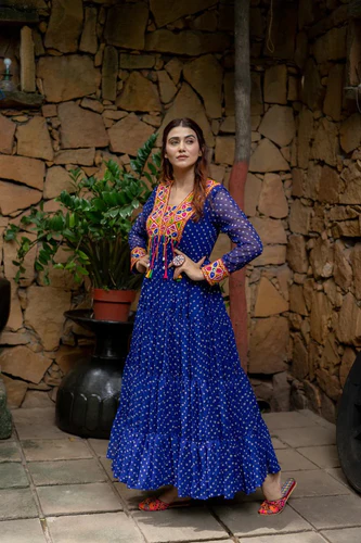 blue elegant georgette ruffle gown